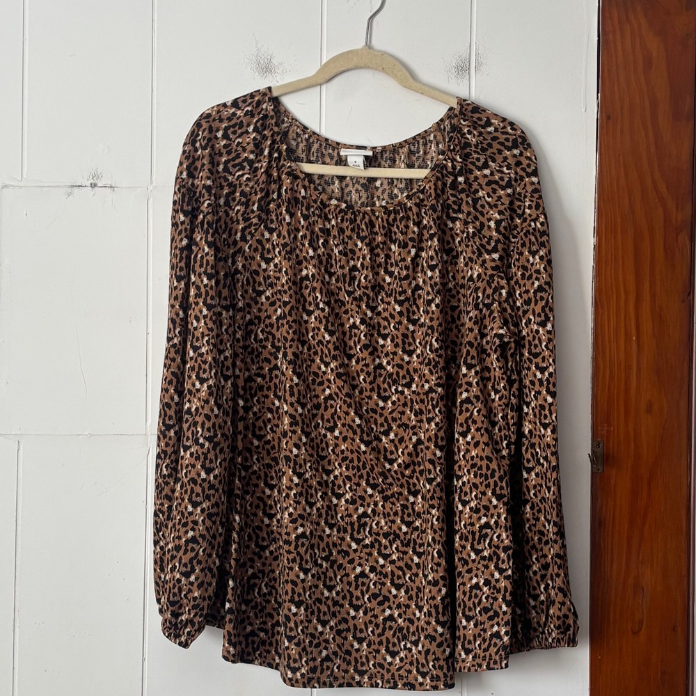 Ava & Viv Womens Plus Size 0X Leopard Print Long Sleeve Scoop Neck Blouse Brown